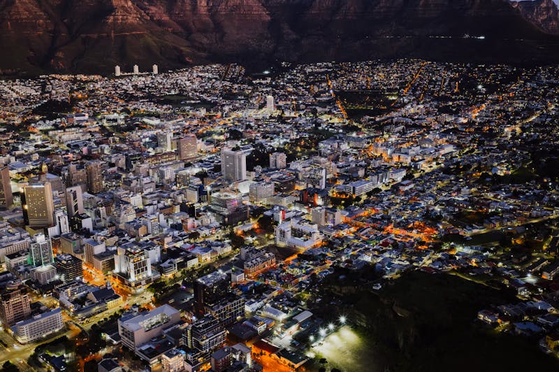 An aerial view of Cape Town at night