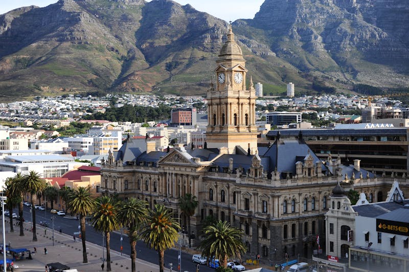 An aerial view of Cape Town City Hall and the City Bowl with Table Mountain in the background